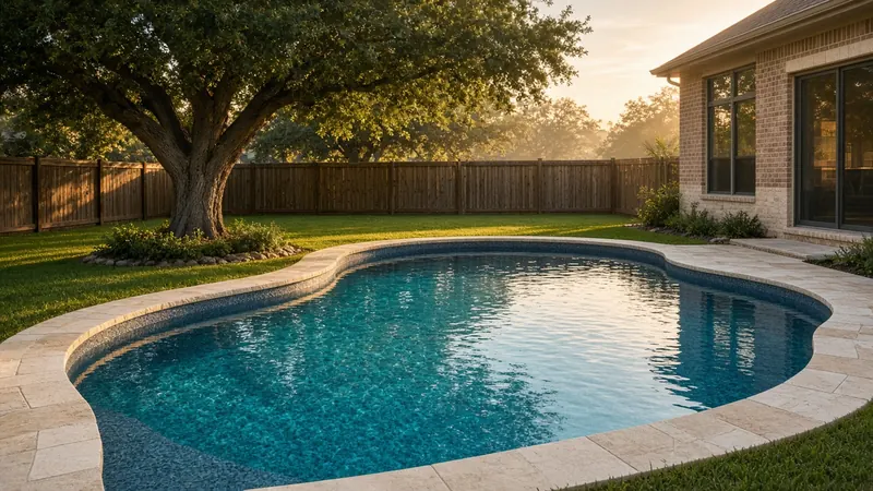 A curved backyard pool with a dark pebble finish and turquoise water at golden hour, beside a brick house and a live oak